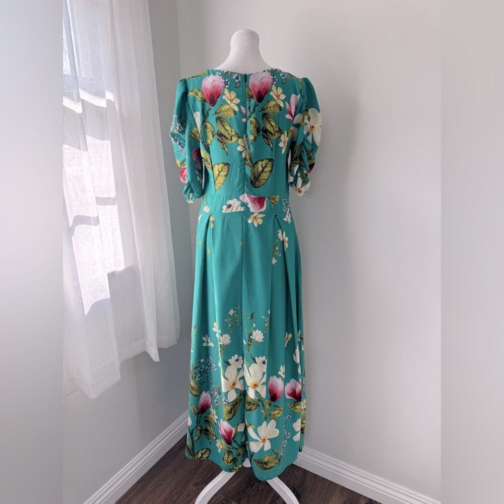 Minh Phuong Teal Floral Print Sweetheart Neckline Half Sleeve Maxi Dress - Picture 6 of 7